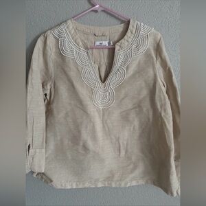 Vineyard Vines Tan Sand Embellished Beaded Yarn Dyed Linen Tunic Top Size XS